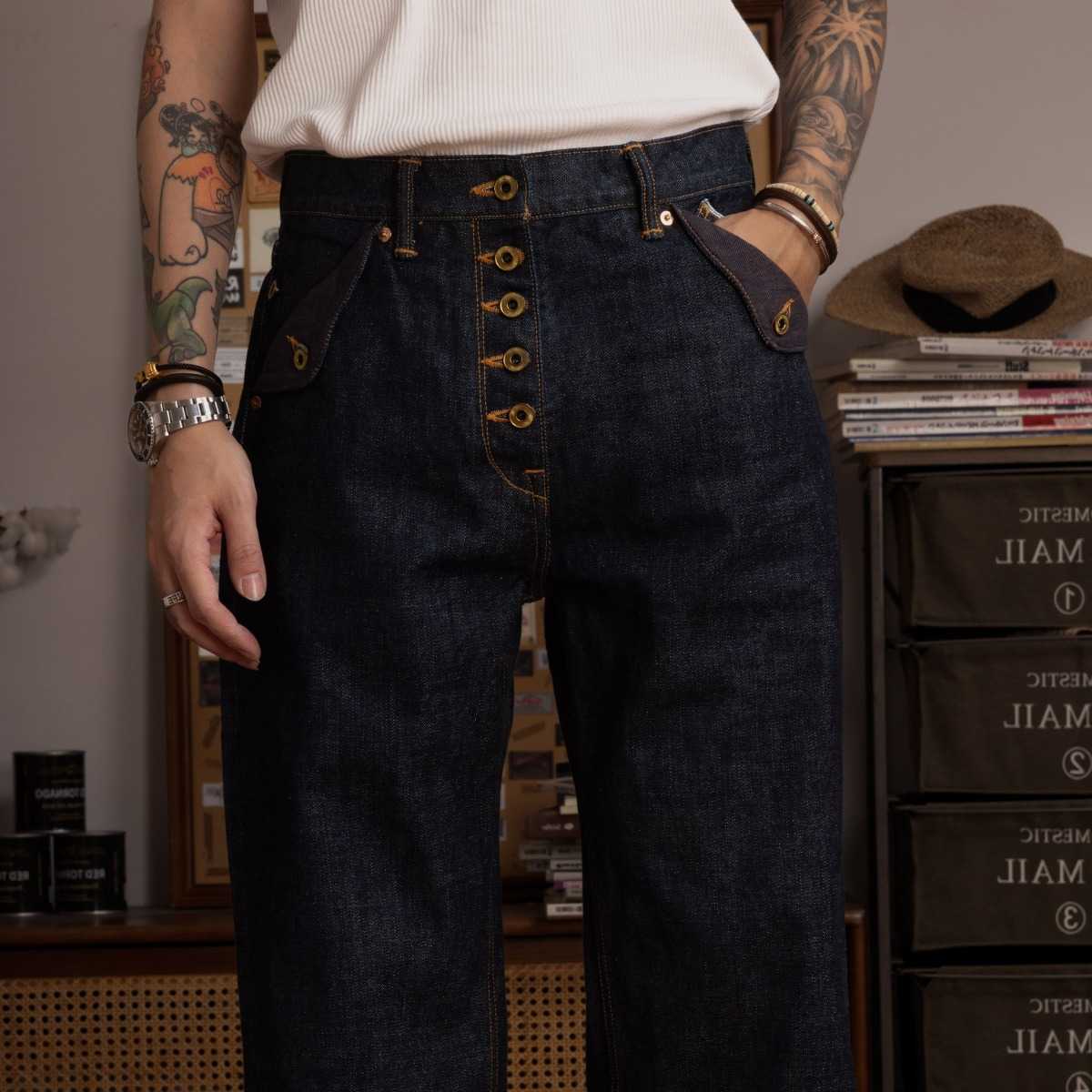 Pocket Red Tornado 18oz Flap Exposed 5-Button Fly Jeans Men Vintage Wide Leg Straight Heavy Selvedge Denim Pants L260803
