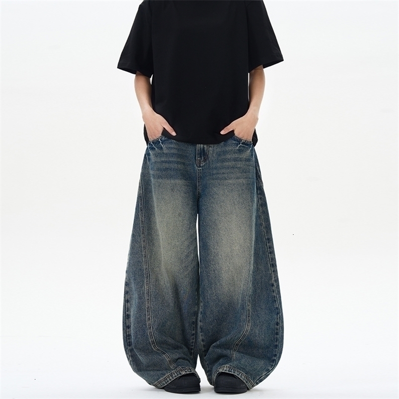 Spring Mens Jeans Oversized Wide Leg Pants Loose Vintage Patchwork Lightning Cracked Denim Trousers Streetwear Male 260707BJ