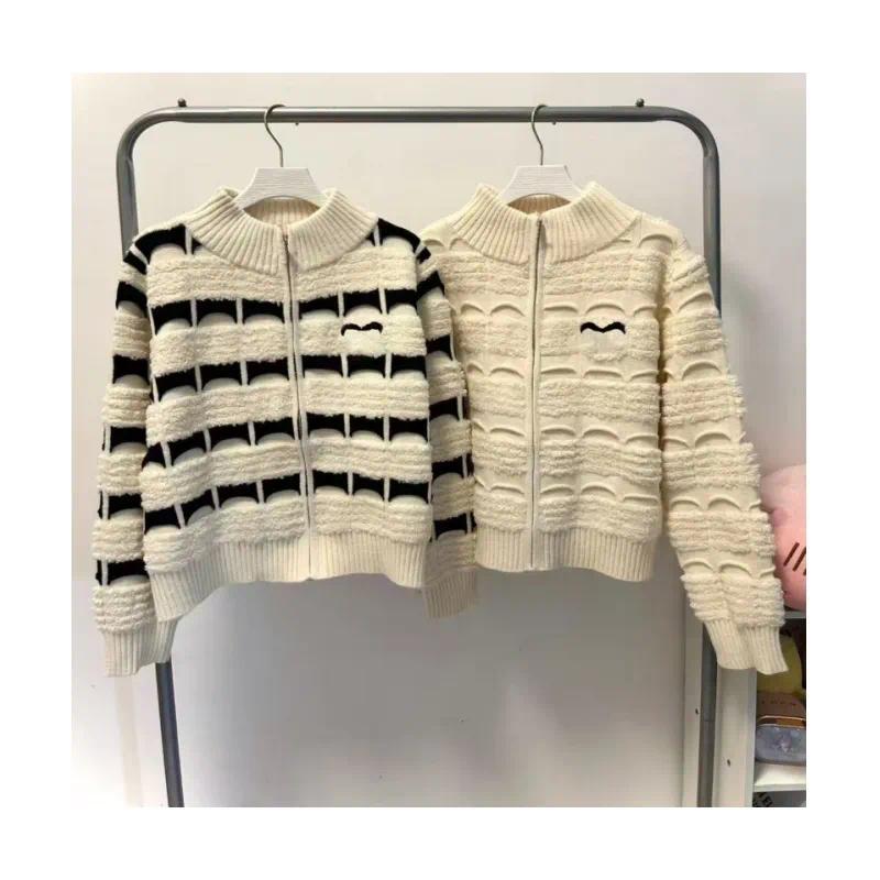 Cardigan en tricot côtelé à fermeture éclair pour femme, col montant, manches longues, pull texturé avec œil brodé, veste décontractée pour autom