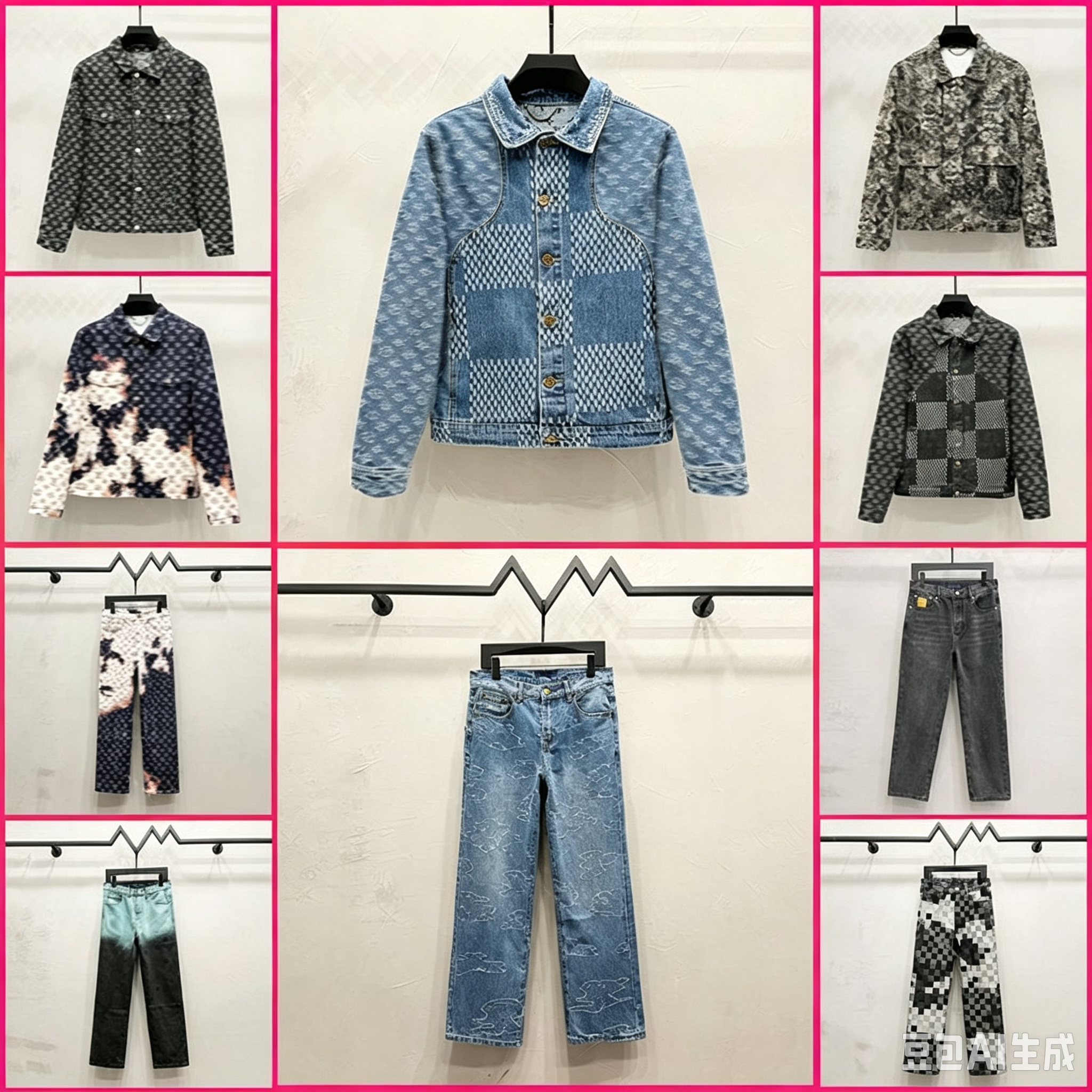 High Version Designer Denim Two Piece Set All Over Monogram Print Denim Jacket Checkerboard Mosaic Embroidery Wide Leg Baggy Jeans Vintage Washed St