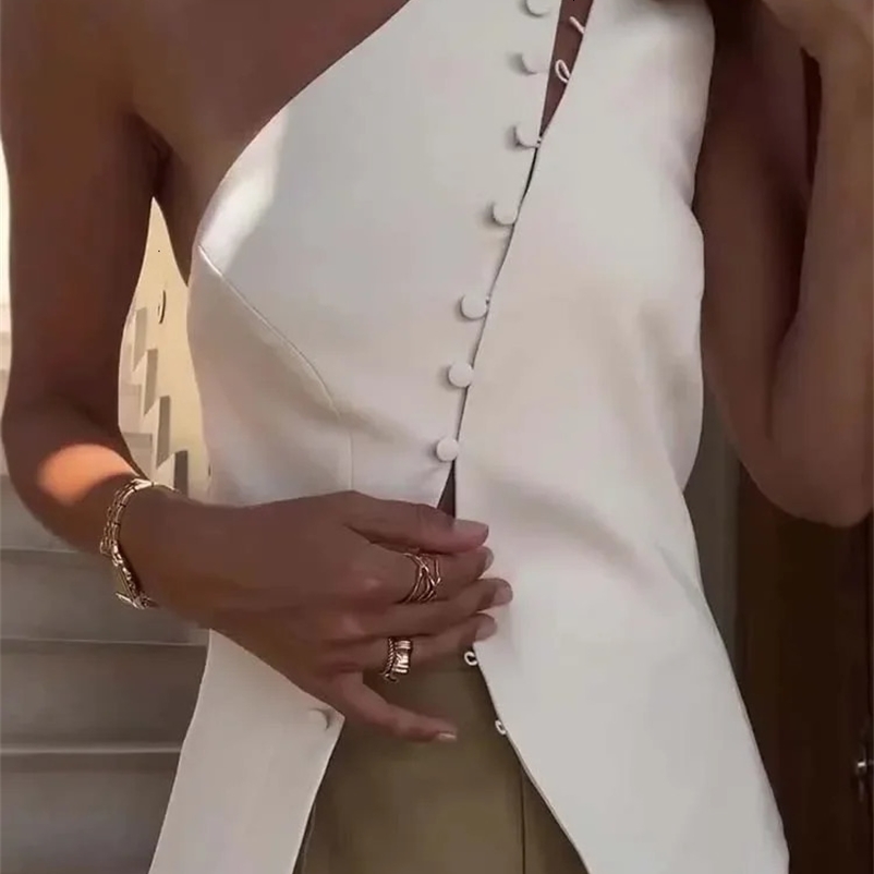 Casual Sleeveless Slim Fit Strap Blouses Summer Simple Solid Color Button T-shirt Womens Sexy Slant Neck Slim Fit Top 260731BJ