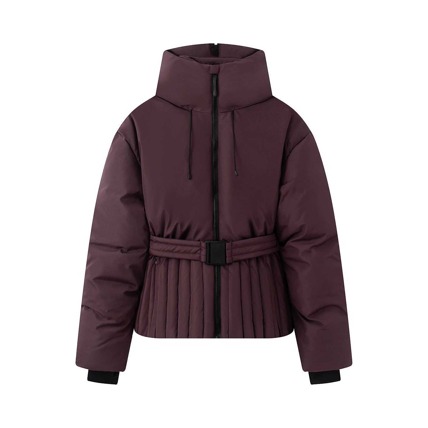 2026 Women's Elegant Hooded Zipper Burgundy Skiing Padded Snow Sports Coats Lady Chic Thicken Warm Windproof Jackets Parkas Belt Q260803