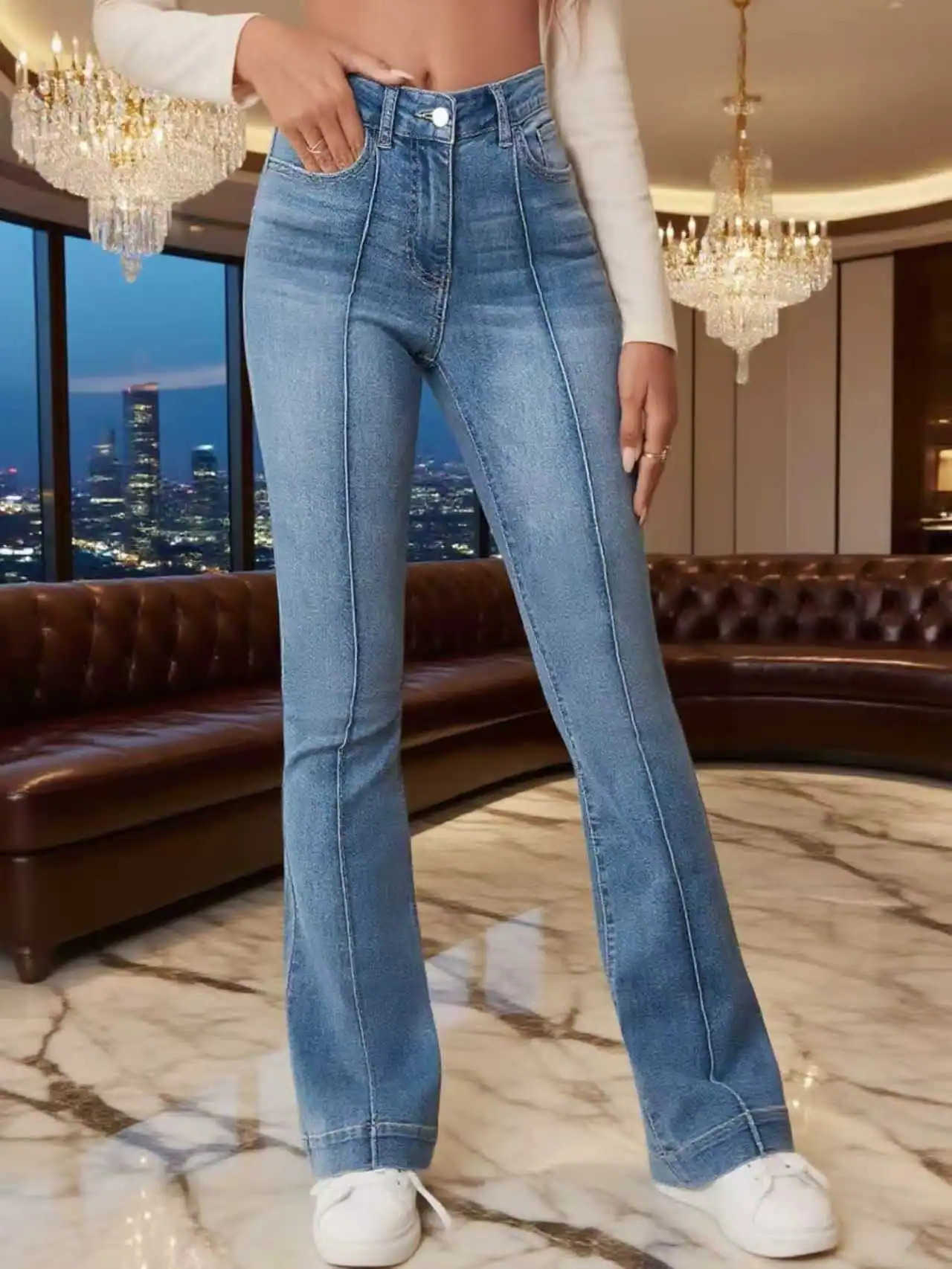 Stretch Gray Womens Flared Jeans Seam Detail Simple n Versatile Slimming Bootcut Trousers Womens pants Jeans S260803WOMG