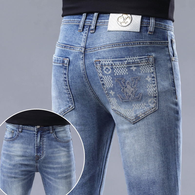Spring Autumn Daily Straight Fit Jeans For Males Stretch Breathable Denim Cloth Vintage Faded Blue Tone Exquisite Embroidery And Plaid Texture On Ba