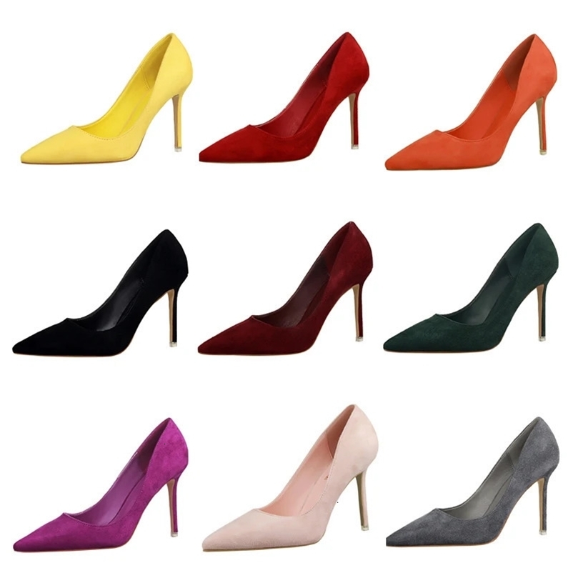 Women Elegant Flock Orange Purple Evening Banquet Party Pumps Lady Classic Scarpin Burgundy 9cm High Heels Shoes Plus Size 260527BJ