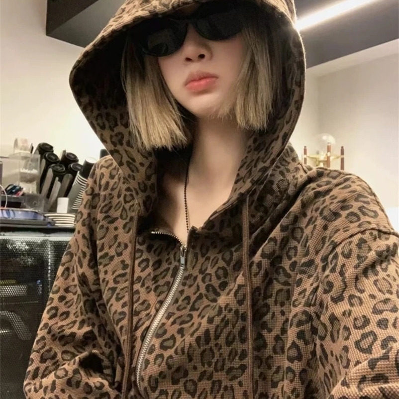 Aesthetic Girl Loose Leopard Print Hoodie Womens Gothic Y2k Zipper Hooded Coat Female Fashion Vintage Thin Clothes 260707BJ