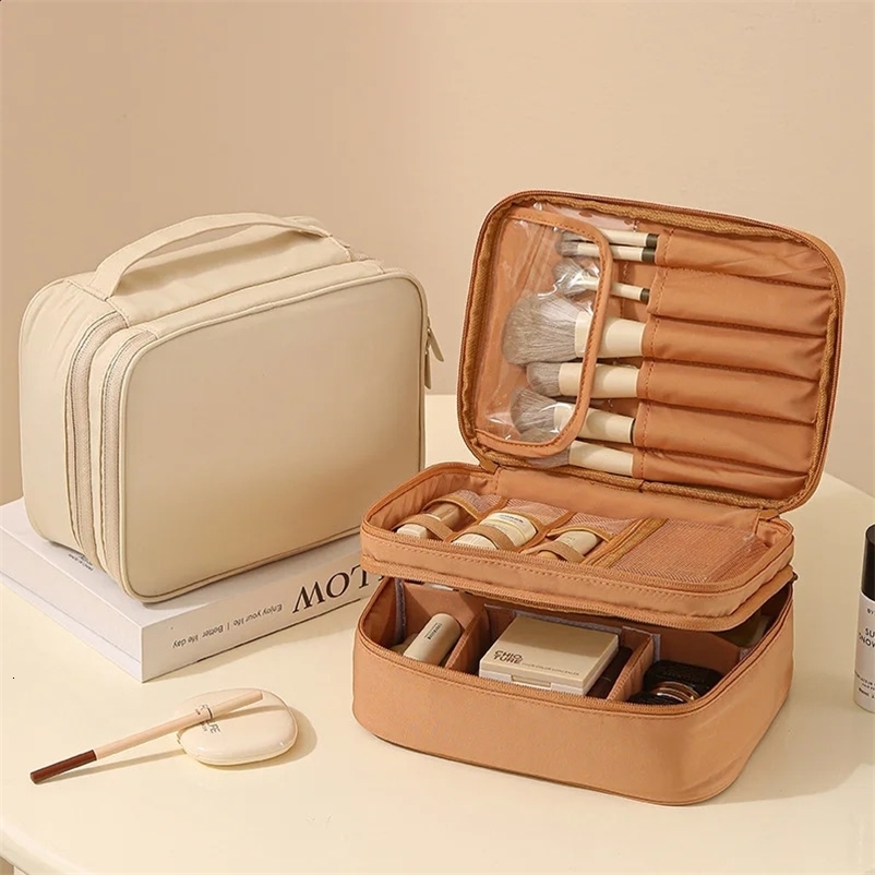 Large-Capacity Cosmetic Bag Double-Layer Toiletry Beauty Tool Organizer with Dividers Portable Oxford Cloth Travel Handbag 260708BJ