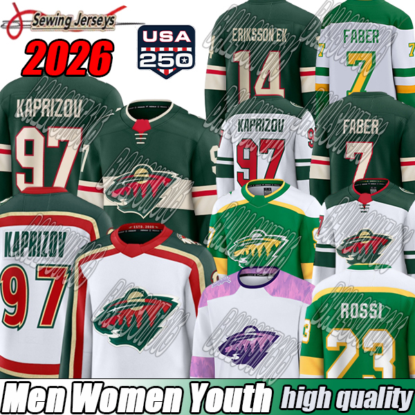 2026 Maillot des Wilds du Minnesota # 43 Hughes 97 Kirill Kaprizov 12 Matt Boldy 7 Brock Faber 36 Maillots de hockey Mats Zuccarello 2026 2027