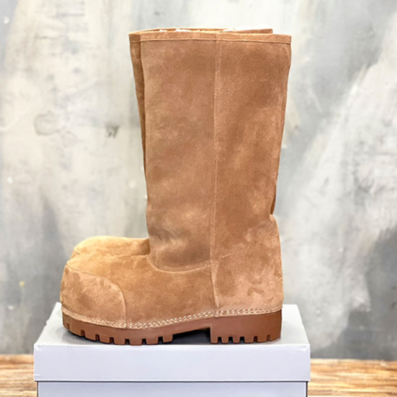 Womens Mens Alaska Fur High Boot in Brown 802205 Couple style Split calfskin Boots Designer Extra round toe Snow Boot calfskin Upper Thick Rubber So
