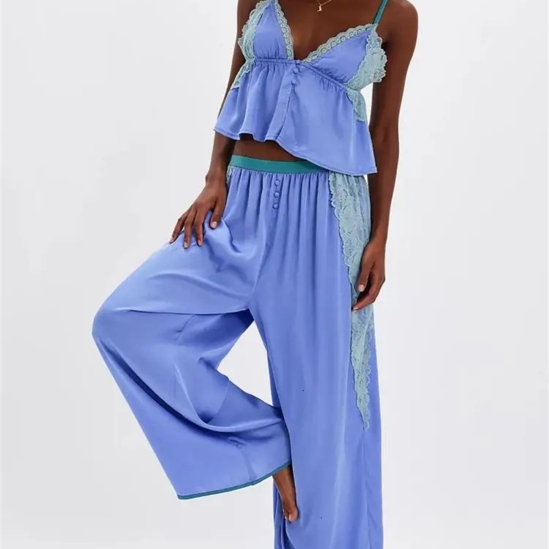 Womens Solid Satin Pajama Set V-Neck Lace Cami Top Elastic Waistband Lace Trim Pants Womens Sleepwear Loungewear 260731BJ