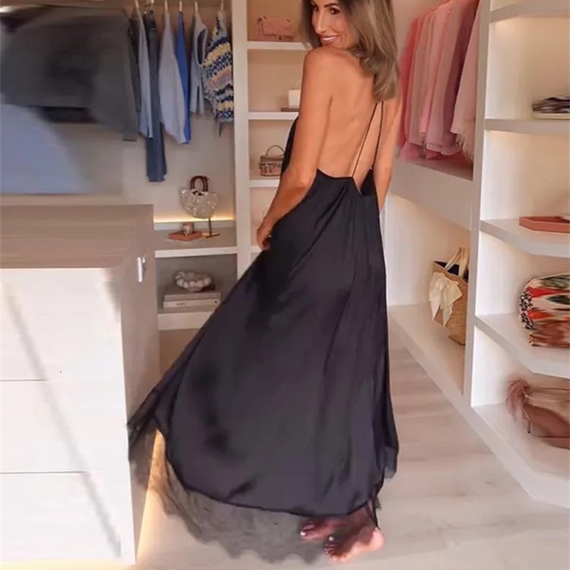 Elegant Sleeveless Backless Loose Maxi Dresses Lace Patchwork Satin Sling Dress for Women Summer Lady Long Robe Street 260731BJ
