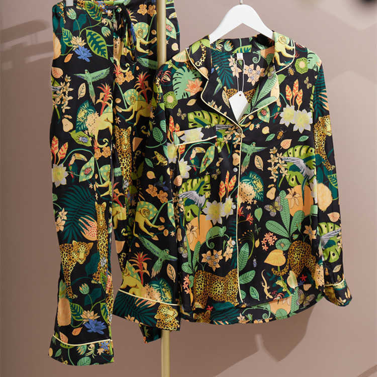 Nuovo pigiama con stampa artistica per signora raso di seta leopardo lungo Slve pantaloni da camicia pezzi homewear Grn Slpwear vestito da donna SBI