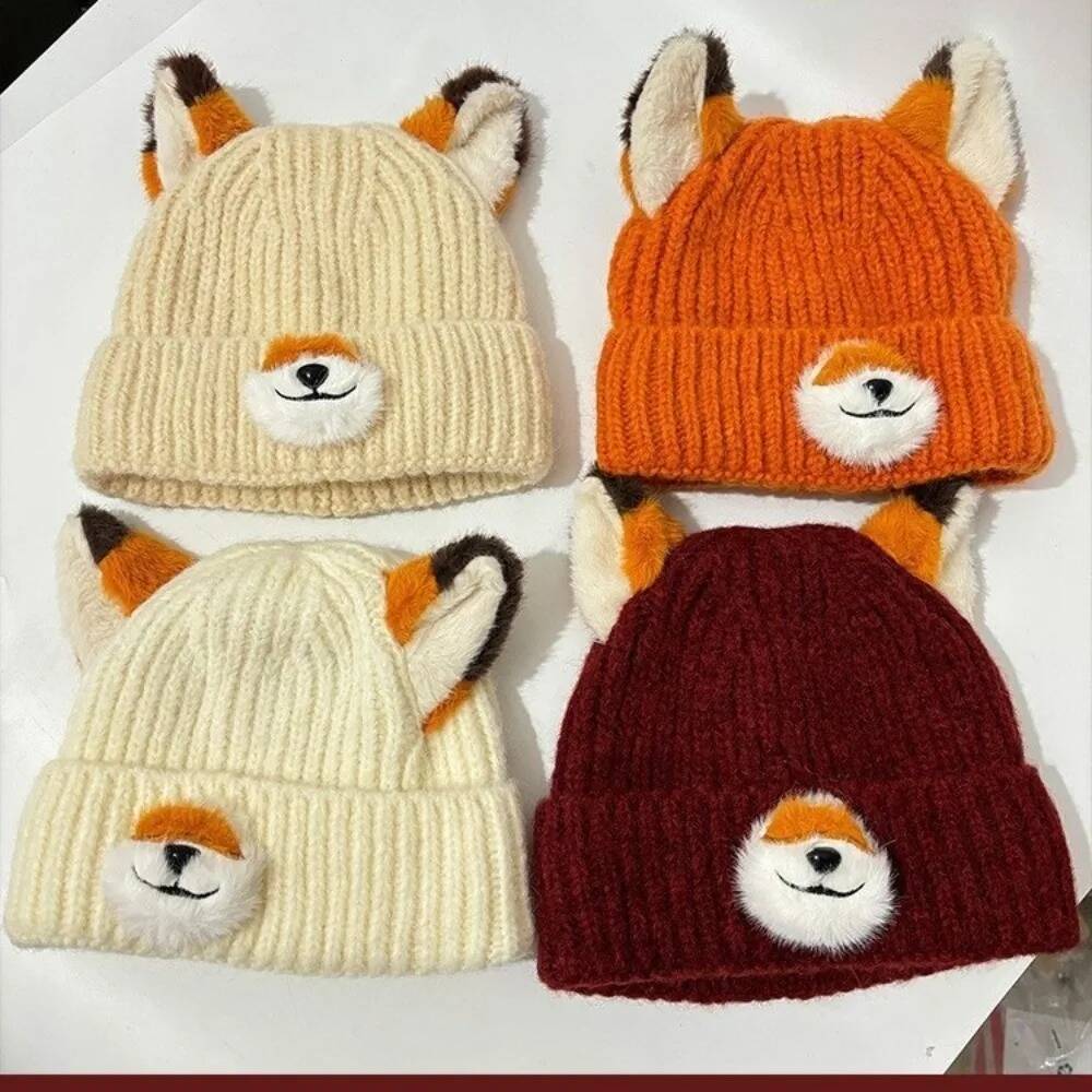 Y2K Versatile Fox Ears Cartoon Design Thickened Pullover Hats Breathable Warm Winter Beanies for Women and Men J260803