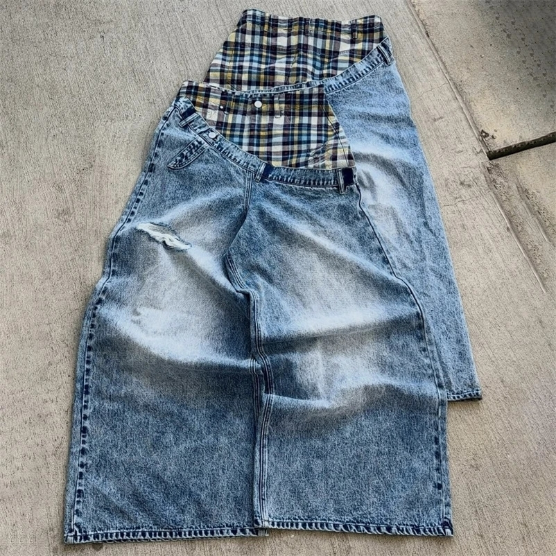 Men Women Wide Leg Pants American Hip Hop Streetwear Unisex Casual Jeans Y2k Slanted Runway Baggy Jeans Retro Plaid Patchwork 260731BJ