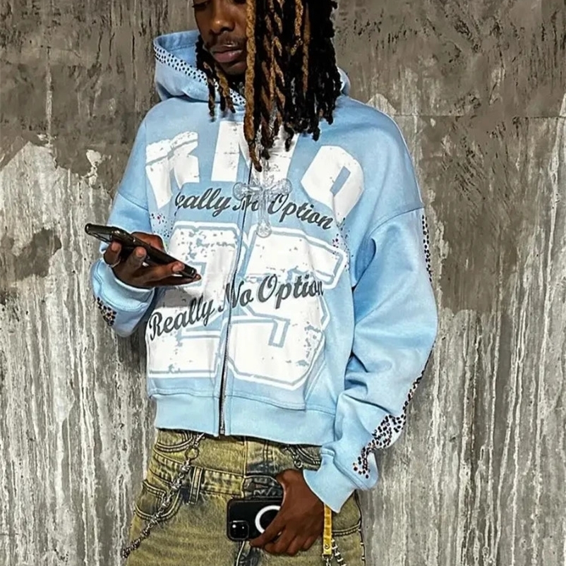 2000S Street Hip-Hop Harajuku Style Digital Print Fashion Rhinestone Zipper Hoodie Vintage Casual Loose Couple Jacket Sweatshirt 260731BJ