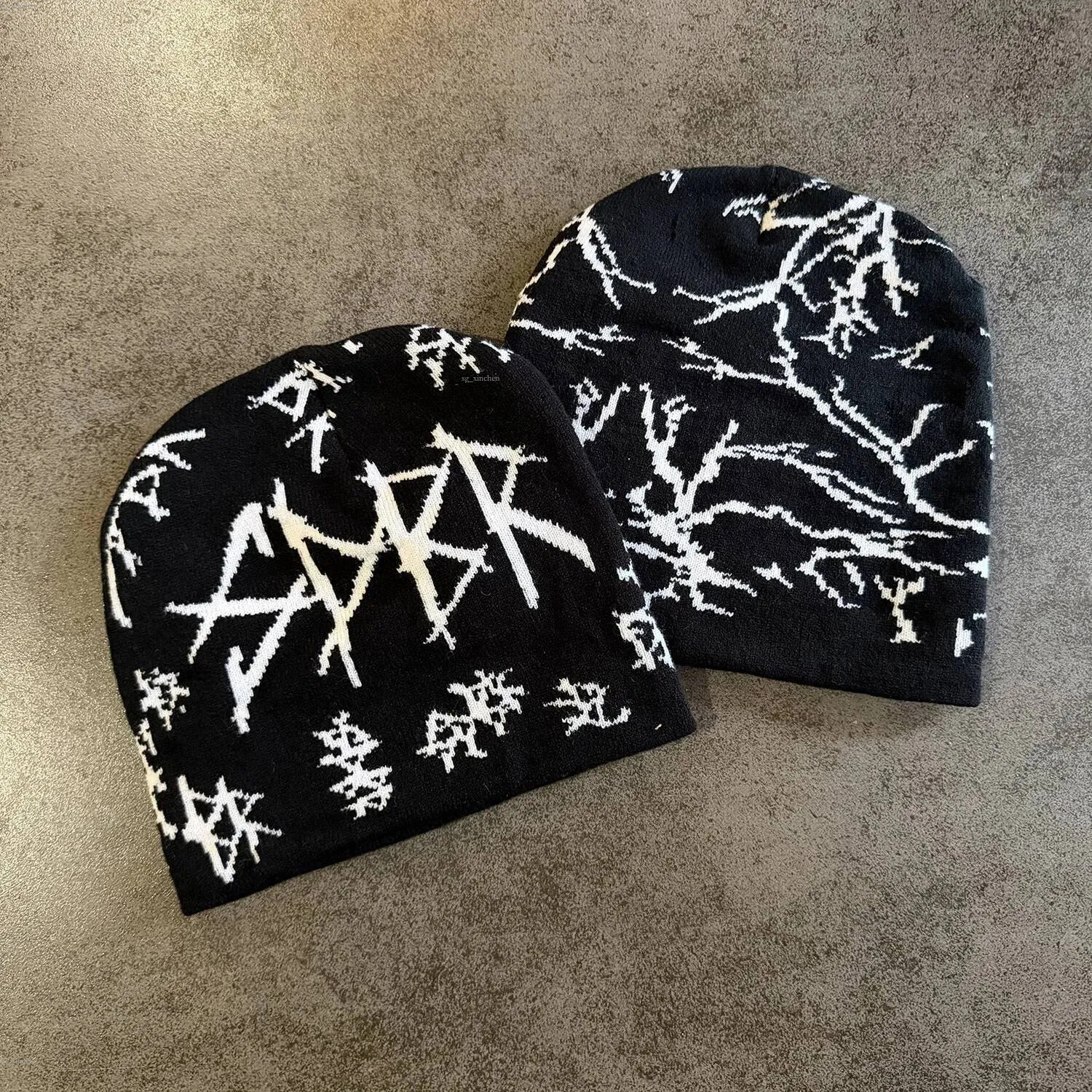 Autumn Winter Dark Style Skeleton Letter Jacquard Knit Hat for Men Women Color Block Hip Hop Beanie Unisex J260803