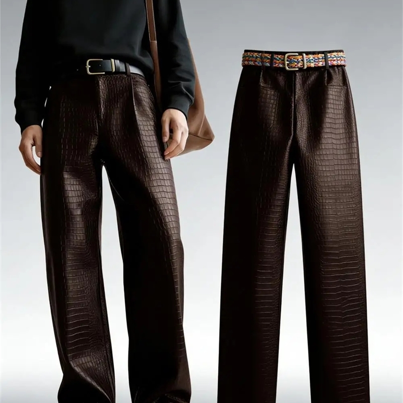 Mens Straight Leg Faux Leather Pants Crocodile Print Pattern Trendy Leather Pants Loose Trousers Outfit Citywalk For Party Work 260707BJ