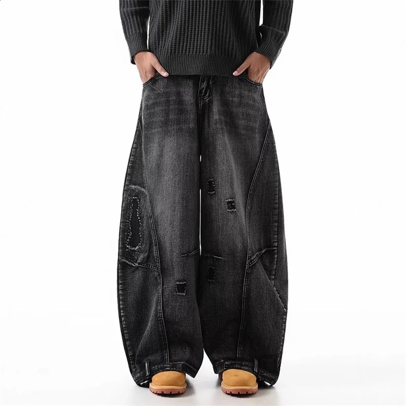 Korean Retro Plus Size Ripped Jeans MenS Wide Leg Curved Pants Fashionable Casual Loose Straight Leg Pants 260707BJ