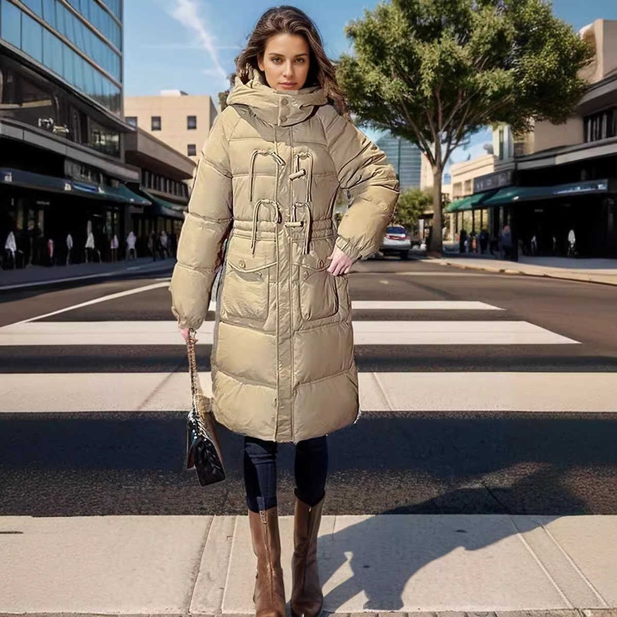 Jacket Puffer Down Cotton Jacket Womens Mid Length Over the Kn New Version Loose and Thick Hooded Warm Jacket Trend S26080495AM