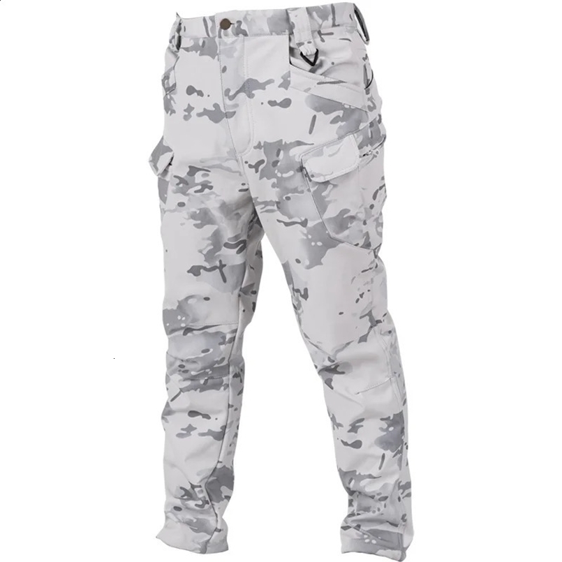 Military Mens Snow Camo Tactical Pants Fleece Lined Insulated Winter Cargo Pants Water-Resistant Multi-Pocket Outdoor Trousers 260516BJ