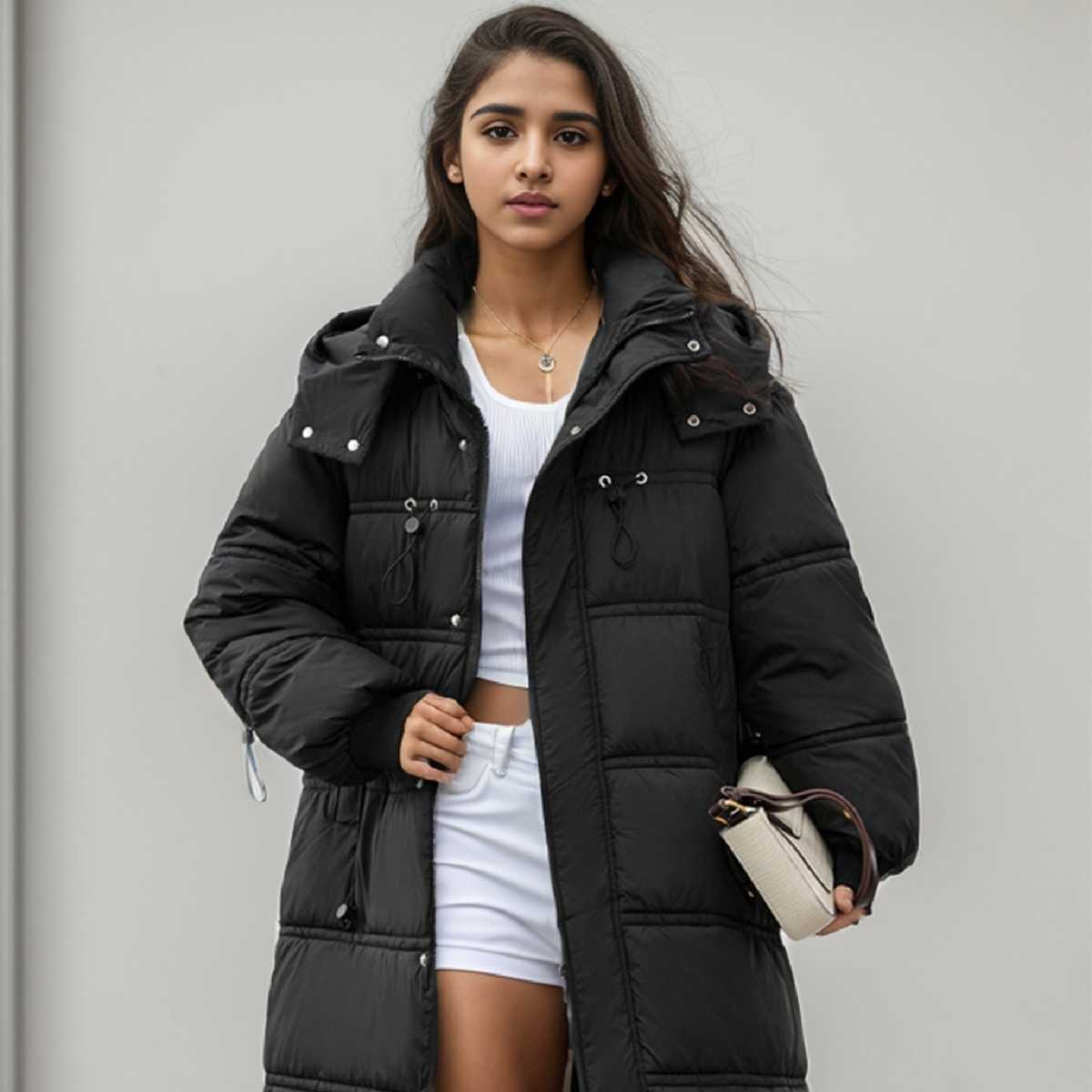 jacket puffer Mid Length Bread Jacket Down Cotton Jacket Womens New Version Thickened Hood Large Pocket Loose Size Cotton Jacket S2608043X9I