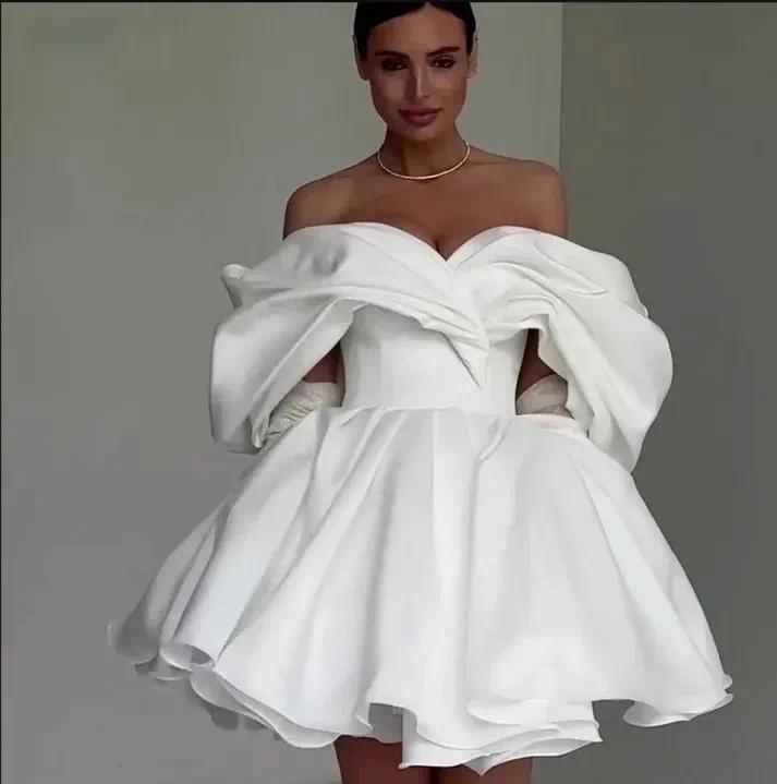 Off The Shoulder Short Satin Dress Puffy Sleeves High Waist A Line Mini homecoming Gown For Elopement After Party