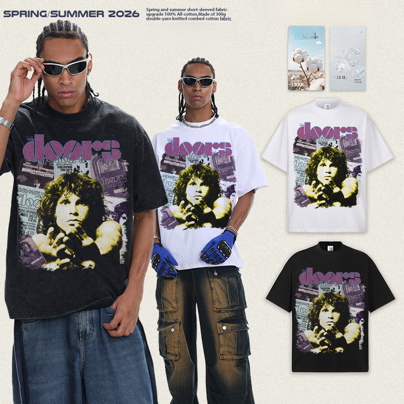 2026 washed T-Shirt Jim Morrison portrait short-sleeve top, American street style vintage washed snow-washed drop-shoulder