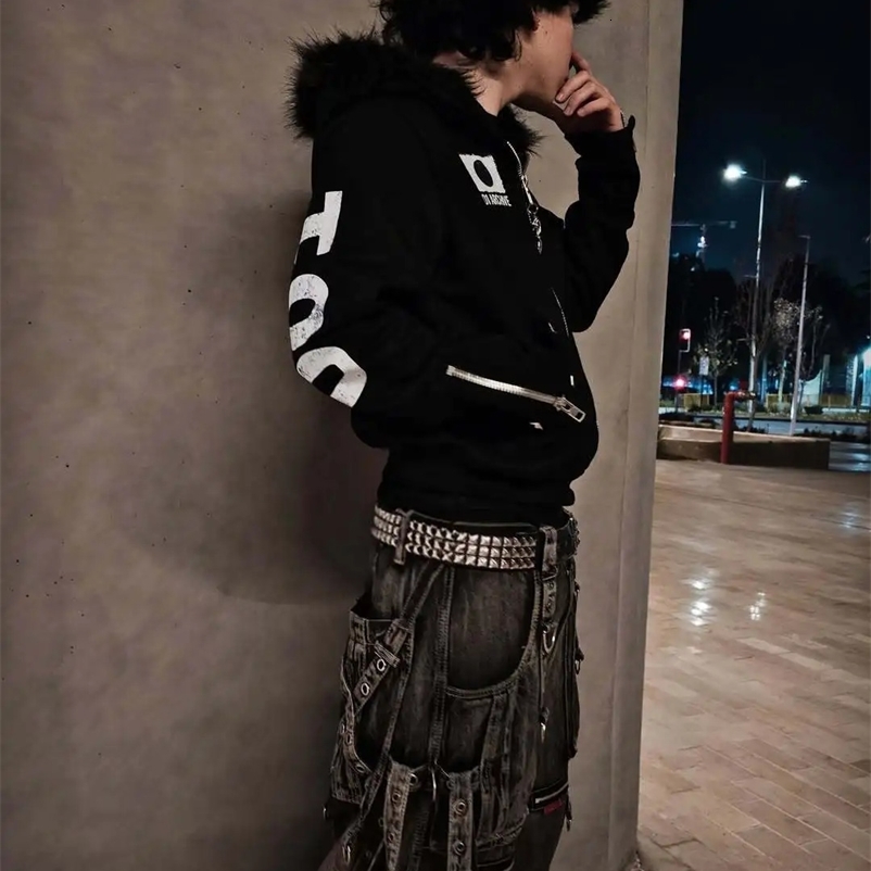 Y2K Japanese Harajuku streetwear European youth rivet fashion wool pullover mens urban casual hooded hip-hop printed sweatshirt 260430BJ