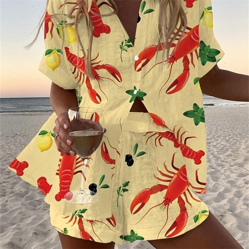 Summer Vacation Shorts Set 3D Tropical Casual Lapel Shirt Blouse Top Shorts 2-Piece Suits Beach Holiday 260612BJ