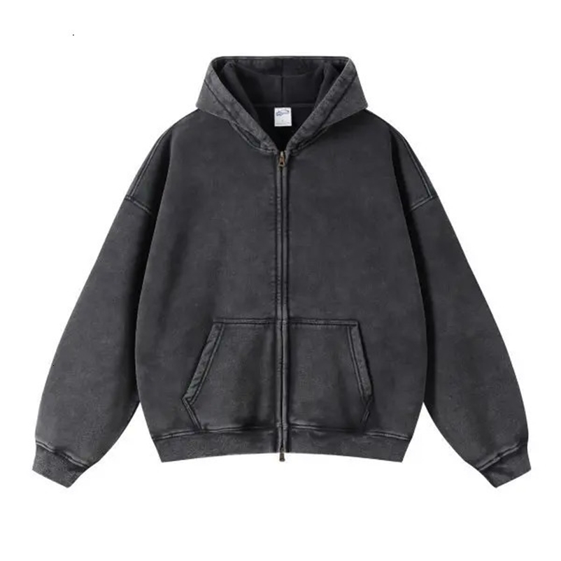 Spring Autumn Fahsion Mens Casual Trendy Loose Solid Color Waxed Hooded Hoodies American Zipper Washed Vintage Coat Male 260430BJ