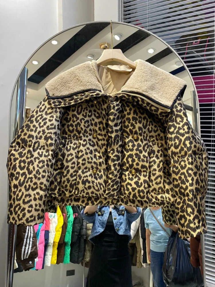 Print Leopard Down Jacket Winter Chic Lamb Wool Large Lapel Thick Loose White Duck Puffer Coat Women S260804YS9U
