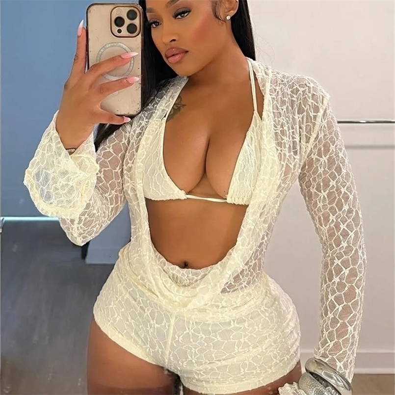 Weird Puss Sexy See Through 3 Piece Set Women Halter BraSwing Collar Flared Sleeve T-ShirtsSkinny Shorts Fashion Elegant Set 260618BJ