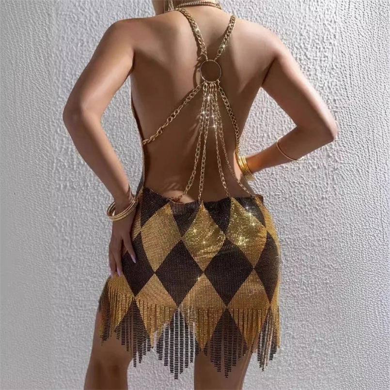 Sexy Metal Backless Summer Dress Fashionable Womens Mini Skirt Style Sleeveless Hanging Neck n Of The Season 260611BJ