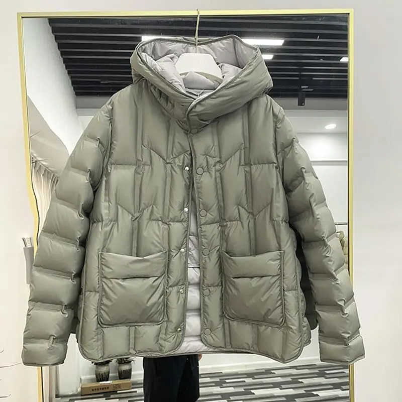 White 90 Duck Down Women Down Jackets Female Stand Collar SingleBreasted Puffer Jacket Loose Hooded S2608040RTA
