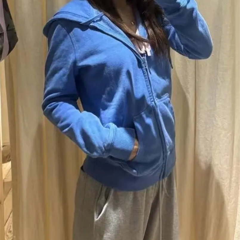 Sweet Electric Blue Zipper Hoodies Women Autumn Pockets Drawstring Hoodie Tops Vintage Loose Preppy Style Y2K Sweatshirts Coat 260618BJ