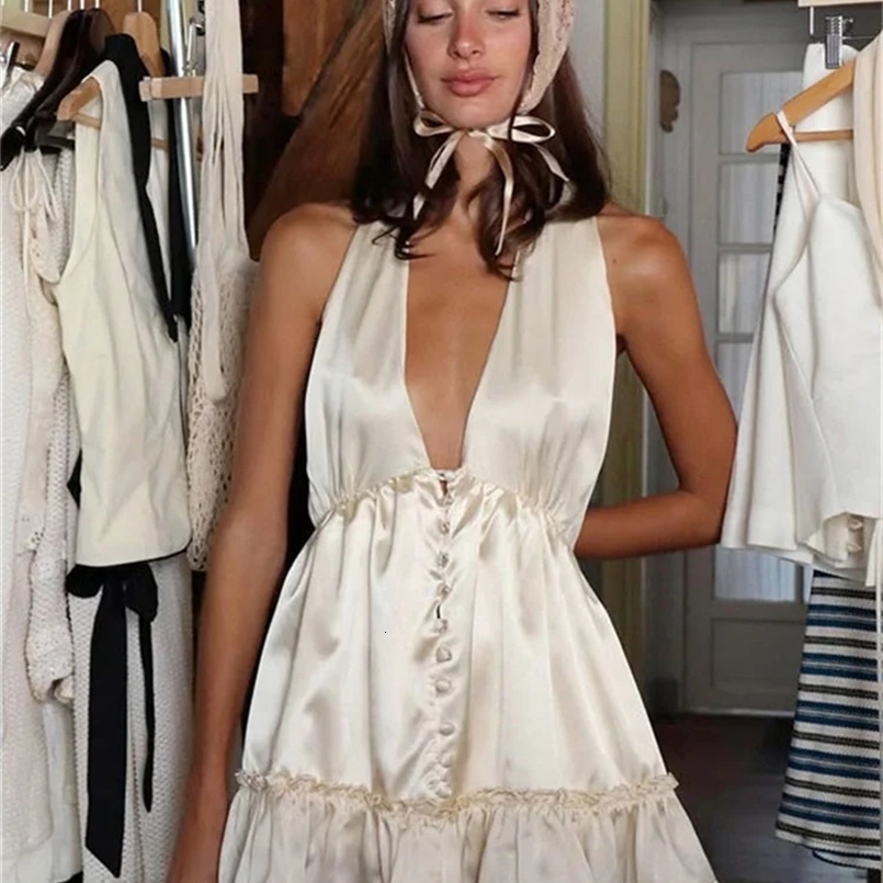 Tossy Satin Fashion V-Neck Mini Dress Womens Ruffled Backless Summer Nightwear Party Dress Evening Female Bandage Dress 260516BJ