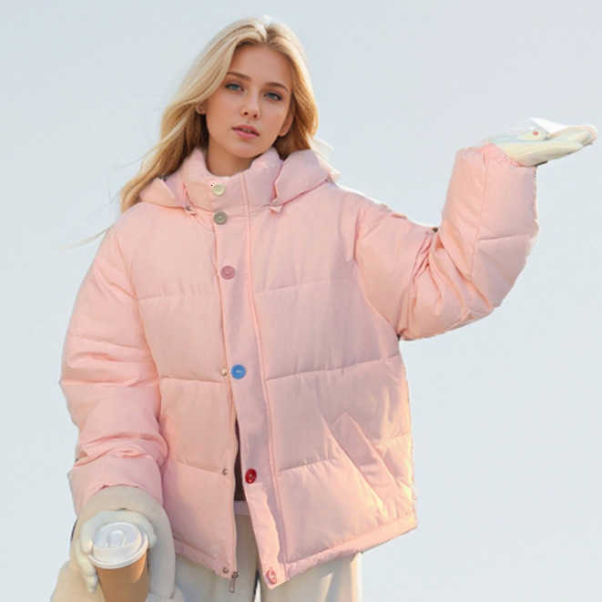 Jacket Puffer Down and Cotton Jacket for Women New Outfit Colorful Velvet Buckle Fun Hooded Small Stand Up Collar Windproof Jacket S260804CX5S