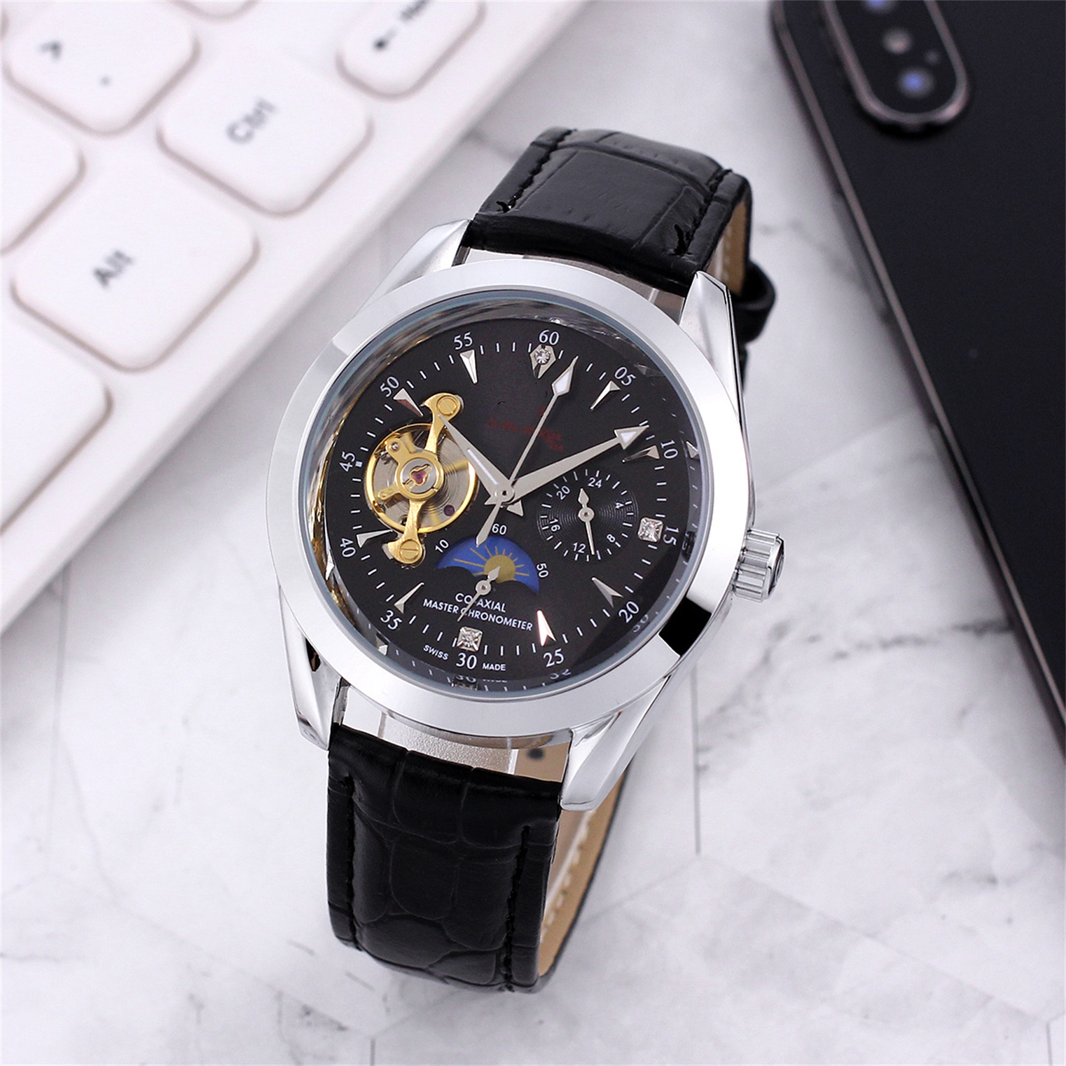 Elegant De Ville Style Moonphase Automatic Mens Wristwatch High-Quality Diving Motif Chronograph Model