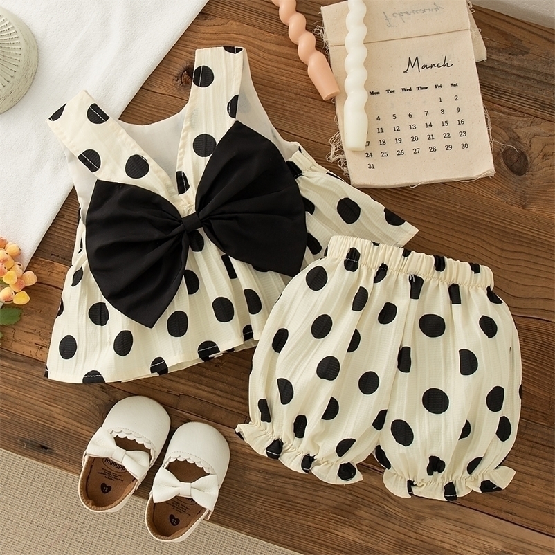 Toddler Girls 2 Piece Set Korean Style Polka Dot Bow Sleeveless Top Shorts born Baby Summer Cotton Casual Outfit for Play 260529BJ