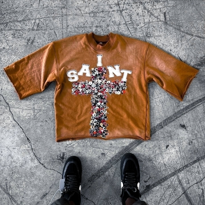 Y2K Clothing Men Women Harajuku Hip Hop Cross Graphic Print Oversized T Shirt Gothic Retro Brown Seven Quarter Sleeves Tops 260509BJ
