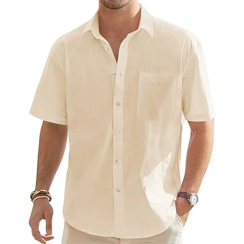 Mens Solid Color Linen Short Sleeve Shirts Vacation Beach Summer Tops with Pocket Casual Lightweight Button Shirts 260615BJ