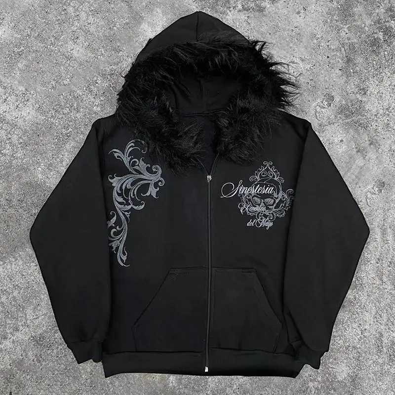 Harajuku Dark Faux Fur Collar Punk Y2K Zip up hoodie High street Skull Zipper Hoodie sweatshirt Retro Hip Hop Top Gothic JacketJ260803
