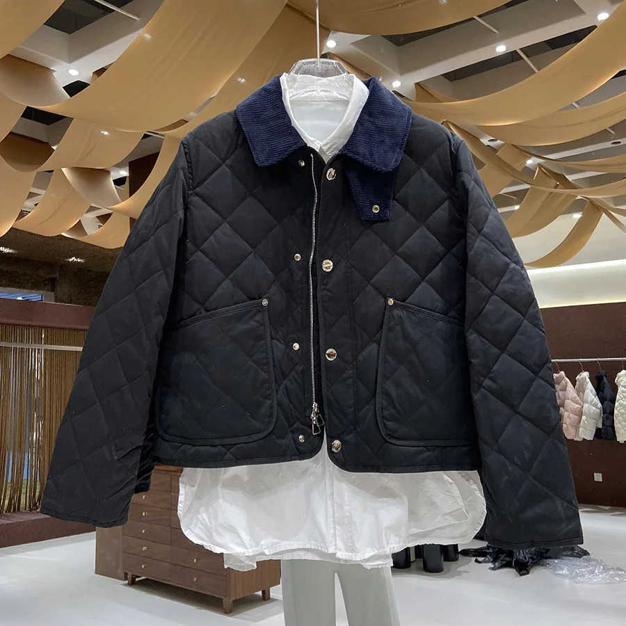 Down Women Jacket Diamond Grid 90 White Duck Down Warm Short Coat Loose Winter Black S260804UVL6