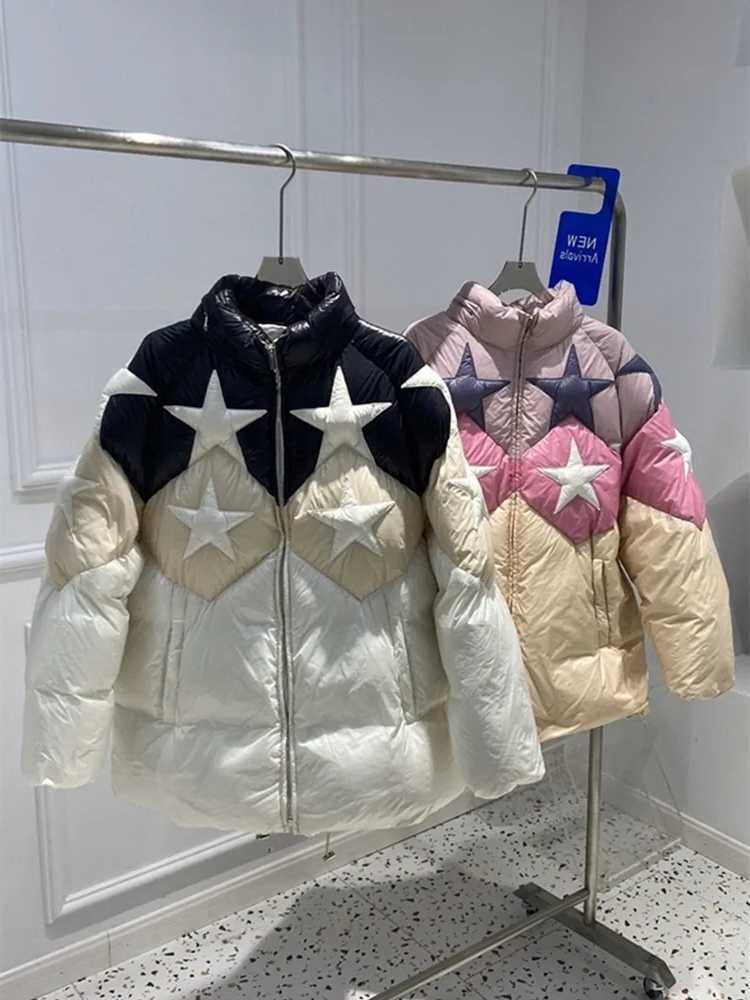 Down Womens Women Fivepointed Star Pattern Down Jacket Zipper up Hidden Hooded Oversize Puffer Coats Female Winter S260804OAAS