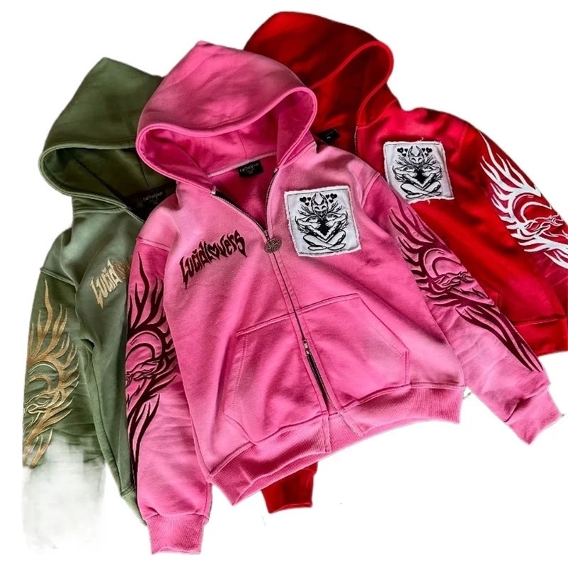 Autumn Fashion Oversized Pattern Embroidered Hooded Sweater Female Y2K Gothic Hiphop Casual Couple Zipper Sweatshirt 260430BJ