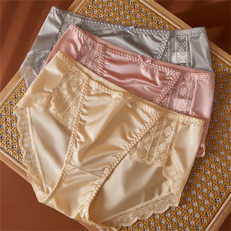 4Pcs Women Ice Silk Smooth Glossy Satin Underwear Sexy Lace Patchwork Female Panties High Waist Seamless Ruffles Briefs 260611BJ