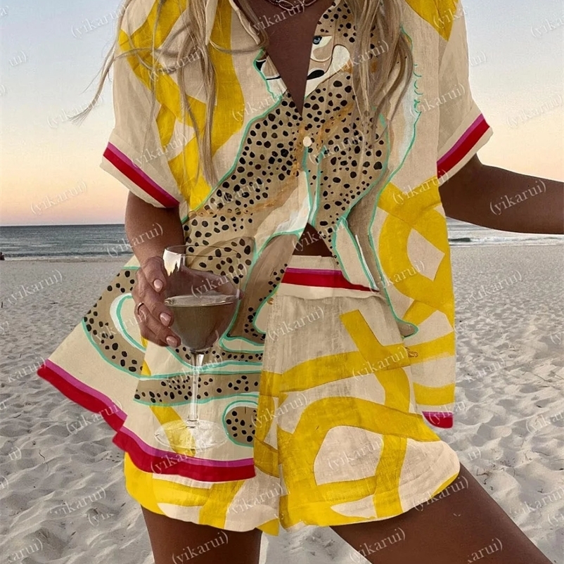 Women Summer Fashion Shorts Sets Retro Print Sleeve Shirt Shorts Suit Casual Loose Female Beach Vacation Shorts 2 Piece Set 260612BJ