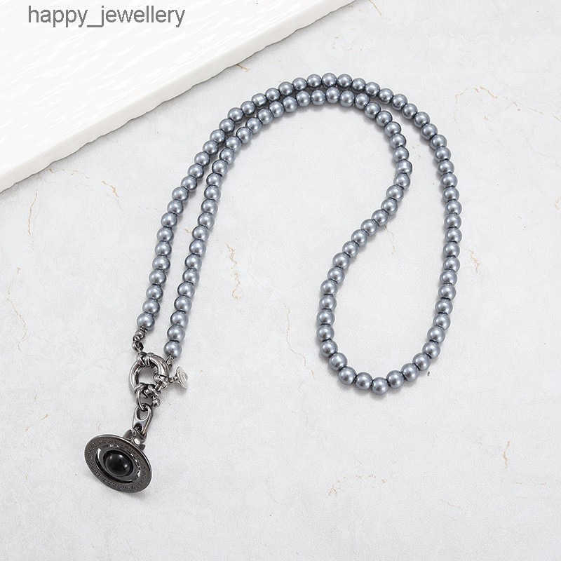 Western Internet celebrity gray pearl orb three-dimensional Saturn pendant necklace for women light luxury personalized sweater chain trendy T260804