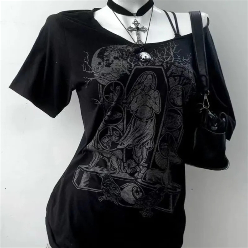 Vintage Gothic Prints Black T-Shirt Women Y2K Harajuku Fashion Punk Off-shoulder Sling Sexy Slim Summer Casual Trendy Top 260526BJ