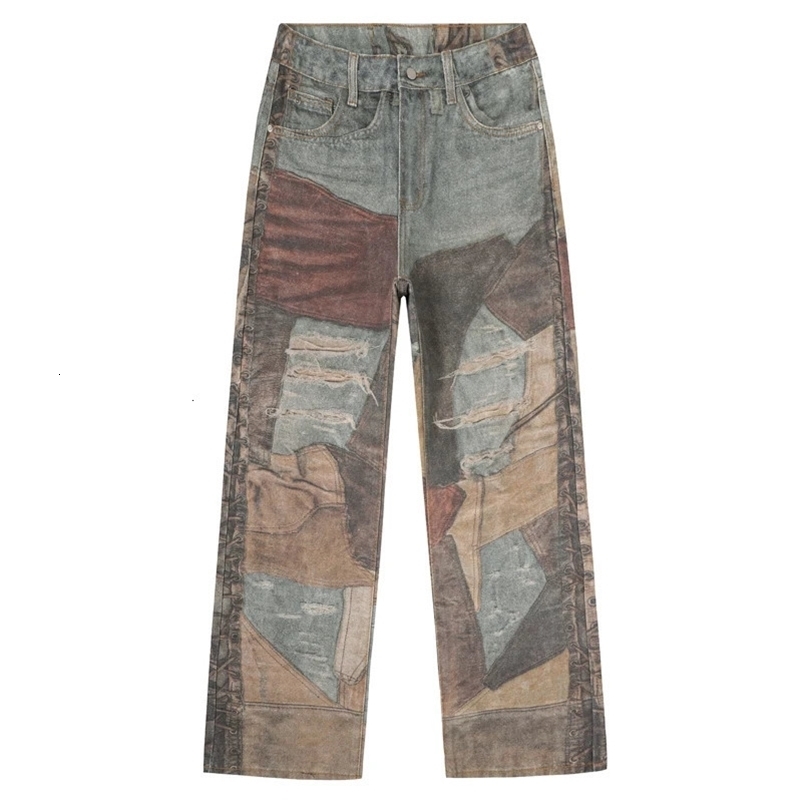 Printed Patchwork Jeans Spring Fashion Streetwear Y2k Pants Casual Loose Vintage Hip Hop Denim Trousers Male 260612BJ